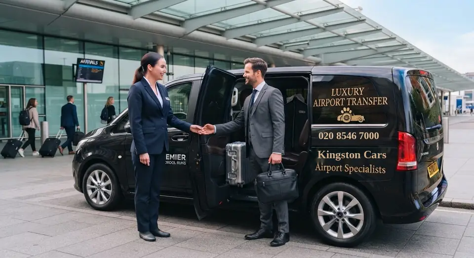 Driver shaking hands with a traveller beside a Kingston Cars MPV at an airport drop-off area