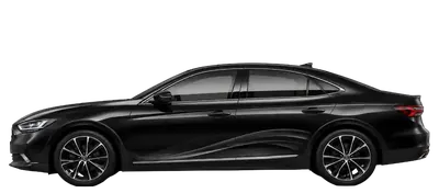 Black four-door saloon car, side view