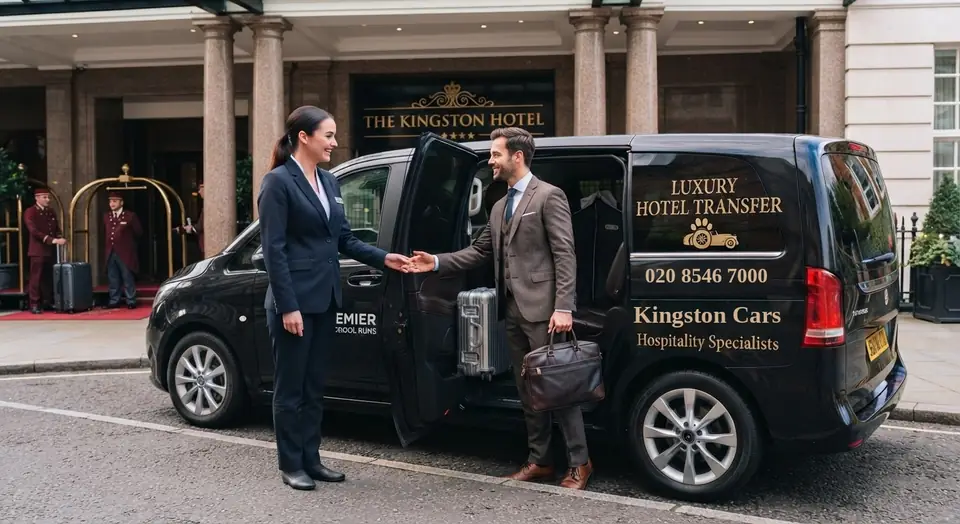 Uniformed Kingston Cars driver welcoming a passenger beside an MPV
