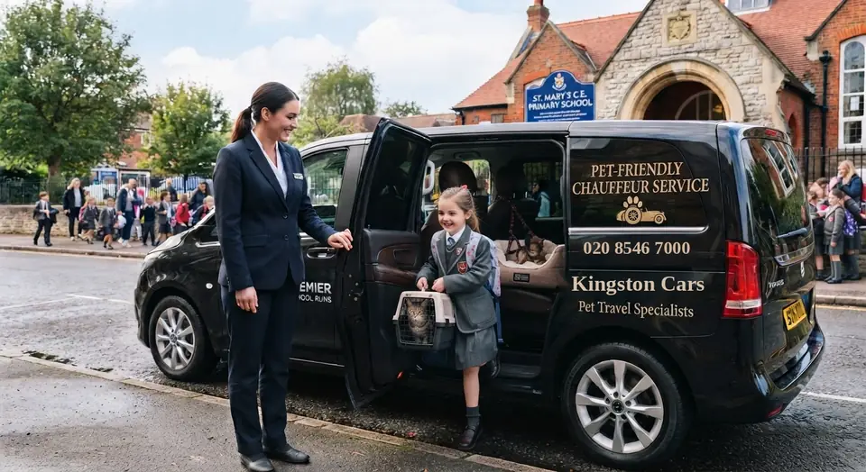 Child holding a cat in a pet carrier beside a Kingston Cars MPV with its door open