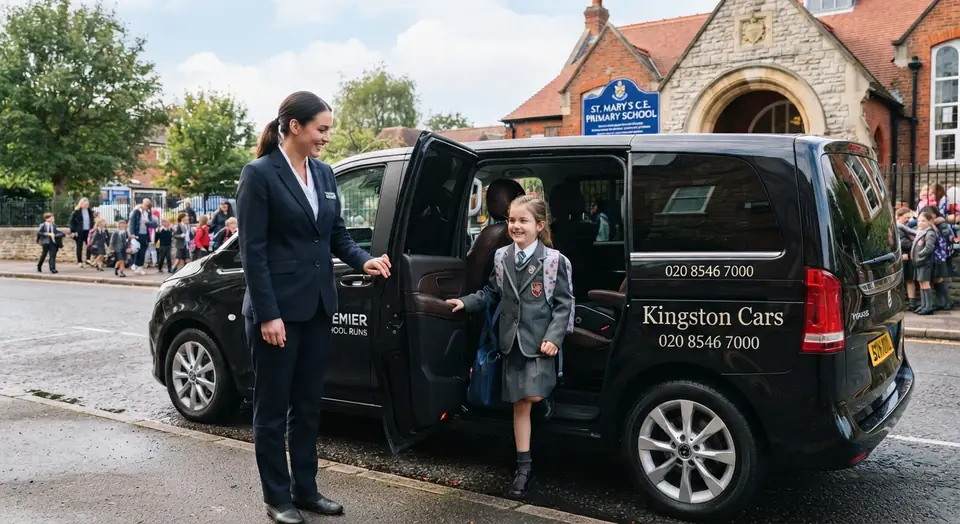 Driver holding the door of a Kingston Cars MPV as a schoolgirl steps out outside a primary school
