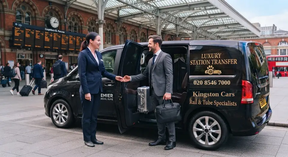 Kingston Cars driver greeting a passenger outside a London railway station
